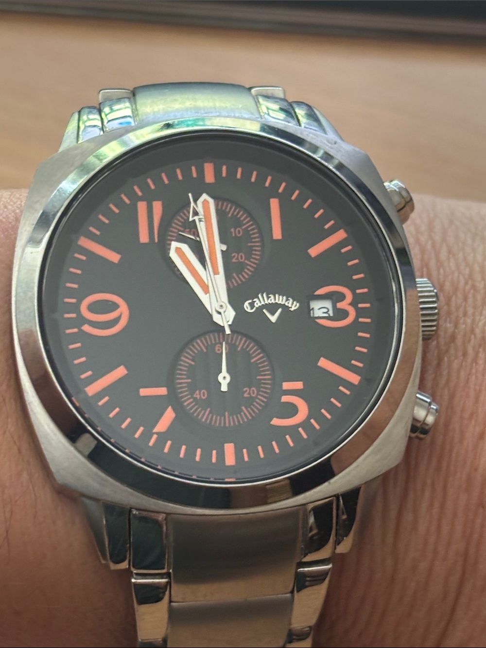 Callaway Black Dial Watch with Orange Accents and Silver Bracelet